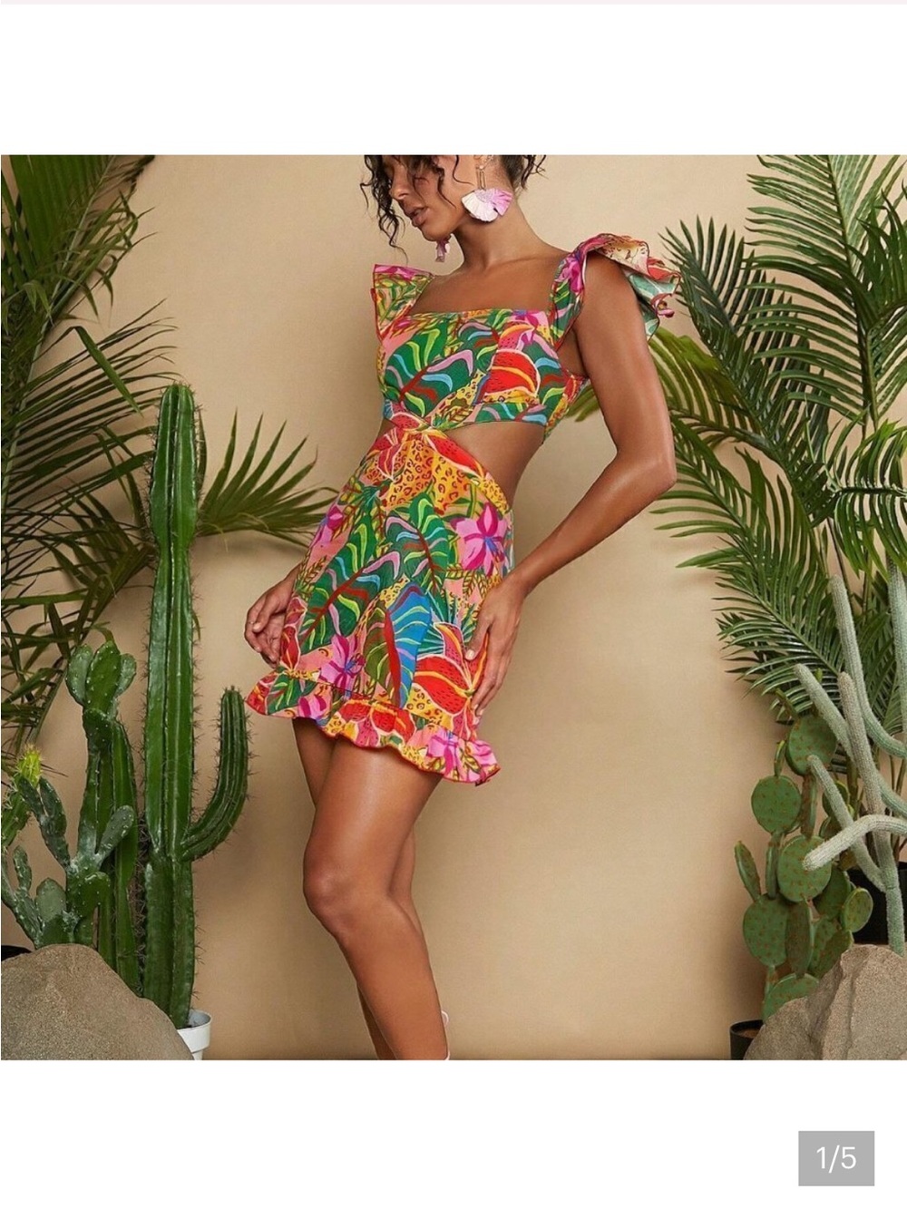 Multicolor Boho Womens Tropical Print Cut Out Waist Ruffle Hem Dress